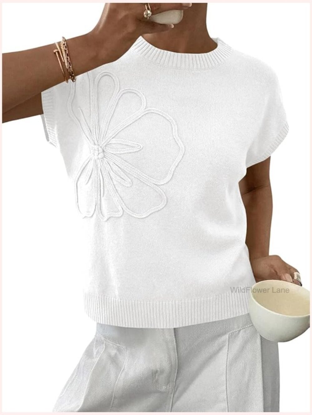 Short Sleeve Floral Pullover Sweater Lightweight Knit Top Summer Casual Crewneck